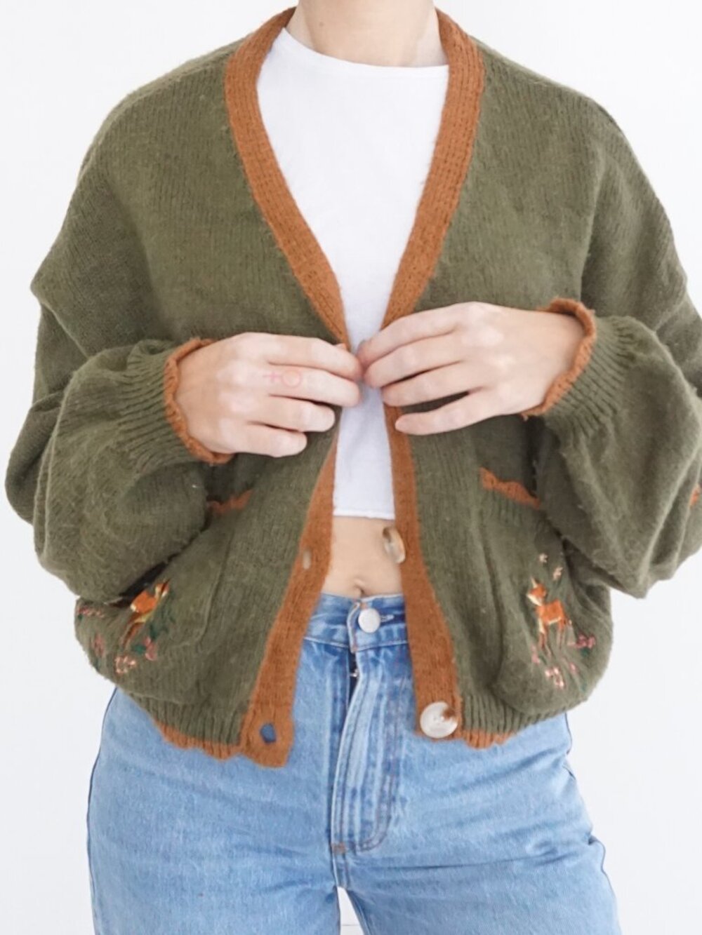 Olive Green Fox Embroidered Knit Button Cropped Cardigan Woodland Animal S